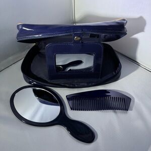 Vintage Estee Lauder Navy Blue Travel Vanity Set Mirror, Comb & Case 9.5” X 4.5”
